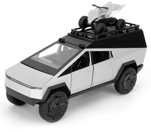 TGRCM-CZ 1/24 Tesla Cybertruck Elektrisches Pick-Up-Modellauto Camping RV mit Motorrad, Zinklegierung, Rückzieh-Spielzeugauto mit Sound und Licht, für Kinder, Jungen, Mädchen, Geschenk (Silber)