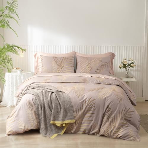 YASMENG Bettwäsche 200x200 Gold Beige Blätter Bettwäsche Gold Blätter Motiv Modern Bettbezug Set Weich Mikrofaser Blätter Gold Bettwäsche 3 Teilig mit Reißverschluss und 2 Kissenbezüge 80x80 cm