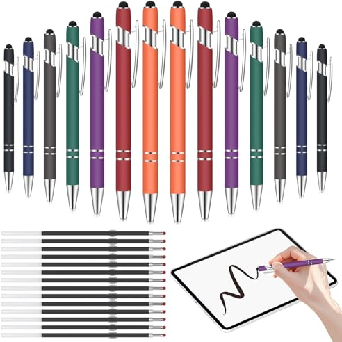 Samulee 14 Stück Kugelschreiber Hochwertig, 2 in 1 Kugelschreiber mit Touchpen und 28 Nachfüllungen, Flüssig Schreiben, für Büro und Haushalt