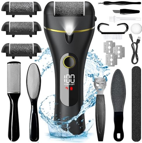 Vexloria Electric Foot File, 16 in 1 Rechargeable Pedicure Kit, Waterproof Scrubber Dead Skin Removal Tool with 3 Rollers & 2 Speeds for Feet Care, Battery Display - Black