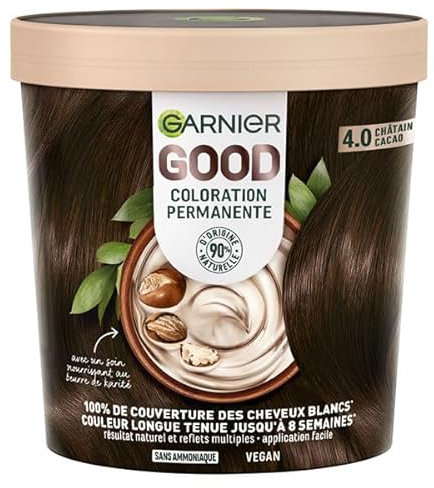 Garnier - Tinte permanente para el cabello – Sin amoniaco – 90% ingredientes naturales – Manteca de karité – 100% cobertura para cabello blanco – GOOD Castaño Cacao 4.0