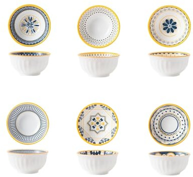 Retro Nordic Ceramic Bowls Set 6 Patterned Pieces 4.5 Inch Small Porcelain Rice Soup Dessert Bowls 11.5oz/340ml Colorful Underglaze Serving Bowls with Golden Rim, Microwave Dishwasher Safe Tableware