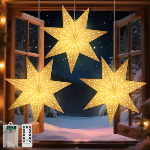 Lewondr Weihnachts Papierstern Laterne 3PCS, Hängende 7-Zackige Sternenlichter mit Ausgeschnittenen Sternen, LED-Laternen mit 6-Stunden-Timer Für Festliche Dekoration, mit Fernbedienung, Warmes Licht