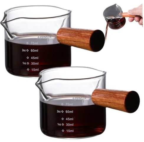Lot de 2 verres à expresso 100 ml verres doseurs transparents gradués en oz/ml avec 2 becs verseurs en V et poignée en bois