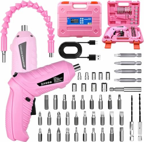 Cordless Screwdriver - 48 Pcs Pink Electric Screwdriver Set, with Connecting Rod, USB Cable LED Light, Rotating Handle, Magnetic Chuck, Portable Box Packaging for Home, Outdoor, Women