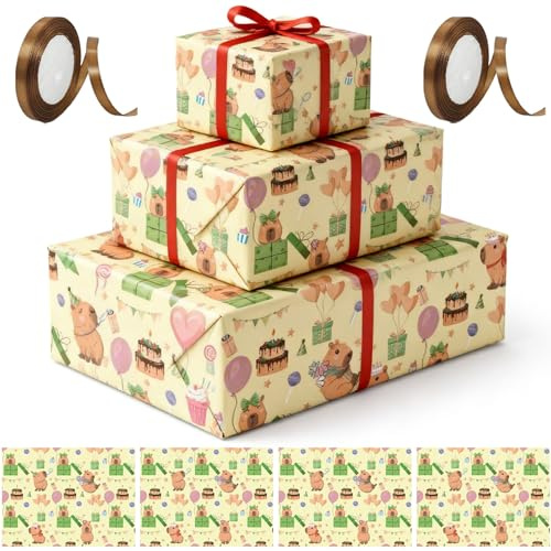 ZenyTra Capybara Geschenkpapier Set - 4 Bögen Niedliche Capybara Motive (50x70 cm) mit 44m Geschenkband, Süße Tier Geschenkverpackung für Kindergeburtstag, Mottoparty und Geburtstagsgeschenke