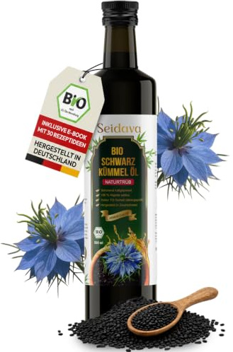 Seidava® Bio Schwarzkümmelöl – kaltgepresst & ungefiltert aus Ägypten 500ml | 100% Nigella sativa mit natürlichem Thymochinon, mühlenfrisch, ohne Zusatzstoffe, naturrein, nativ - inkl. Gratis-Rezeptbuch