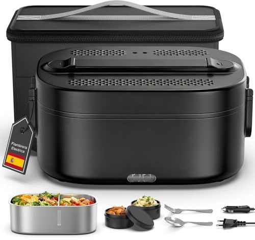 YEEFON Gamelle Chauffante 80W, Lunch Box Chauffante 1,5L, Chauffe Plat Voiture 3 en 1 220V 24V 12V, Acier Inoxydable, Chauffe Gamelle Electrique, Avec Sac Isotherme pour Voiture Camion Bureau