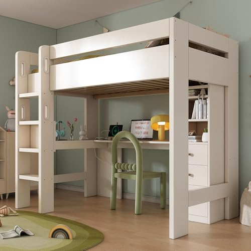 kozamas Kinderbett 90x200 cm, L-förmiges Hochbett mit Schreibtisch, Schubladen und Stauraumnutzung, Einzelbett, Funktionsbett kleine Räume Jugendzimmer mit Rausfallschutz & Lattenrost, Weiß