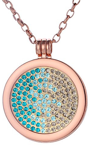 Morella Damen Halskette Rosegold 70 cm Edelstahl und Anhänger mit Coin Zirkoniasteine grün-blau-Silber 33 mm im Schmuckbeutel