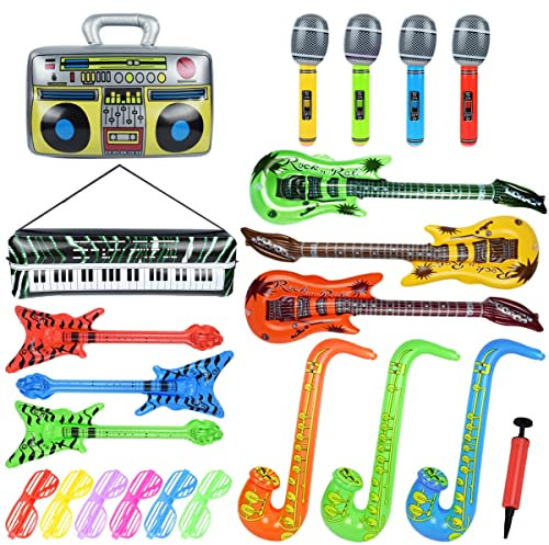Strumenti Gonfiabili 22Pcs Chitarra Gonfiabile per Bambini, Accessori per Strumenti Musicali Divertenti Puntelli Gonfiabili per Feste di Compleanno Bomboniere Decorazione Cabina Fotografica