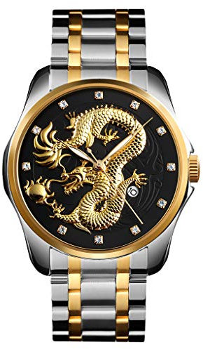 TONSHEN Herren Fashion Edelstahl Uhren Analog Quarz Datum Drache Armbanduhr (Silber Schwarz)