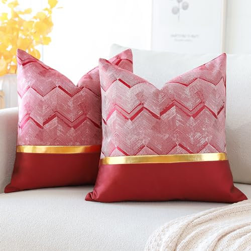 Artscope 2er Set Kissenbezug für Sofa Auto Schlafzimmer Luxuriöser Moderne Minimalist Goldenen Ledernähten Wellenstreifen Dekokissen Kissenhülle Kissen Fall (Rot, 45x45cm)