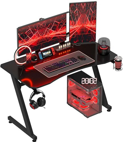 HOMCOM Mesa Gaming 120x65x74,5 cm Escritorio Ergonómico Gaming Desk para Computadora PC con Portavasos Gancho para Auriculares y Pies Ajustables Efecto de Fibra de Carbono Negro