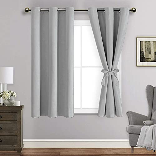 ROSETTE Verdunkelungsvorhänge mit Raffhaltern – wärmeisolierend, lichtblockierend und geräuschreduzierende Ösenschal für Schlafzimmer und Wohnzimmer, silbergrau, 106.7 x 137.7 cm Länge