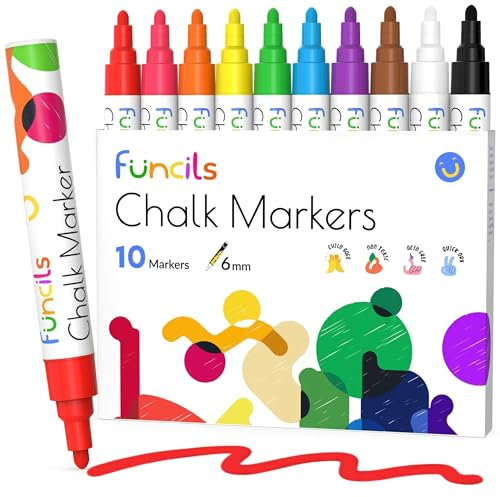 Funcils Kreidestifte für Fenster & Tafel | 10 Kreidestift Neon mit 6mm Umkehrbare Spitze | Kreide Stift als Fensterstifte, Glasmalstifte, Chalk Marker, Kreidemarker & als Tafelstifte abwischbar