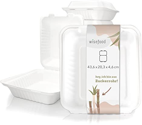 wisefood Zuckerrohr Einweg Schalen - 200 Stück Bagasse Menüboxen weiß - Lunchboxen mit Klappdeckel ideal für Takeaway - Biologisch abbaubares Zuckerrohr Geschirr ohne PLA/PE 43,6x20,3x4,6 cm