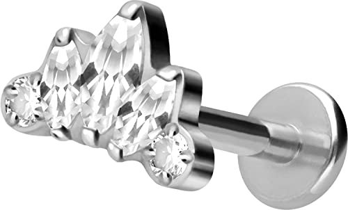 PIERCINGLINE Titan Labret mit Gewinde Aufsatz KRISTALL LOTUSBLÜTE Piercing Lippe Nase Ohr Helix Tragus Medusa Silberfarben 1,2 x 6 mm