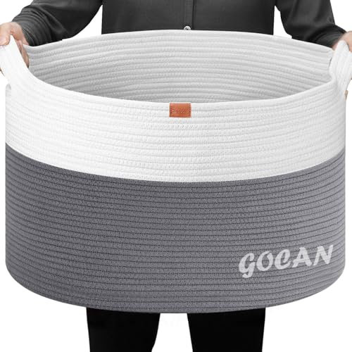 GOCAN XXXL Extra großer Baumwollseilkorb D55XH35cm gewebte Wäschekörbe für Decken Aufbewahrungskorb mit Griffen für Kinderspielzeug Pflanzen Kissen Wohnzimmer Korb Korb (hell-grau)