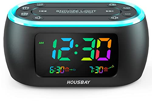 HOUSBAY 3-in-1-Wecker für Schlafzimmer, Radiowecker und Nachtlicht, Regenbogen-Ziffer, Dual-Alarm, kleiner Radiowecker für Kinder, Jugendliche