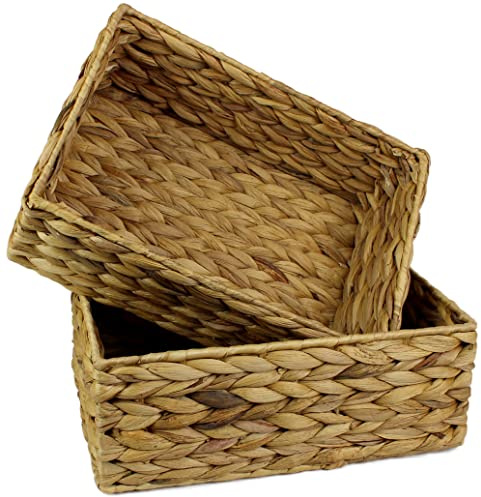 Rectangular Water Hyacinth Small baskets for storage Natural colour wicker basket shelves open Decorative gift box Small bathroom mini tray makeup bathroom Kitchen organiser (Large 32cm, 2x Basket)