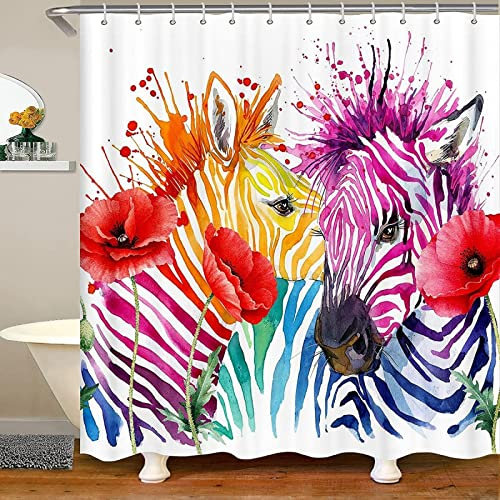 Rideau Douche 120 x 200 Zèbre, 3D Coquelicot Rouge Rideau de Douche Anti Moisissure Rideaux de Douche, Rideau Salle de Bain Imperméable Shower Curtain, avec 8 Crochets
