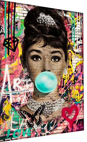 Magic Canvas Art - Bilder Pop Art Audrey Hepburn Leinwandbild 1- teilig Hochwertiger Kunstdruck Wandbilder – B8344, Material: Leinwand, Größe: 120x80 cm, Weiß