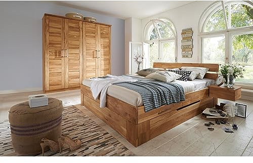 Lomadox Schlafzimmer 180x200 cm Bettgestell Bett Set mit 4-türigem Massivholz Kleiderschrank Schrank Schlafzimmerschrankmit Nachtkommode in Wildeiche massiv