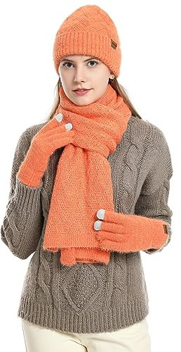 CAMLAKEE Damen Mütze Schal Handschuhe Set Frauen Winter Beanie Wintermütze DamenSchal Handschuh für Teenager Mädchen Orange