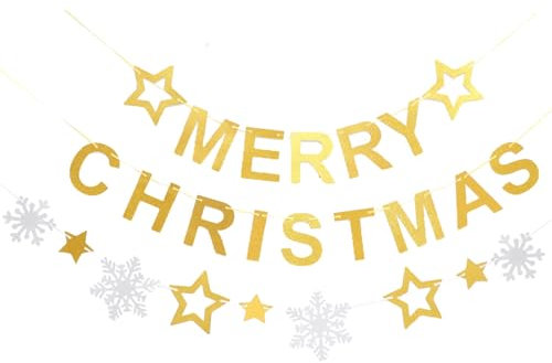 ifundom Frohe Weihnachten-Banner Glitzerndes Goldenes Frohe-Weihnachts-Schild Weihnachtsschneeflocken-Wimpelkette Weihnachtsquasten-Girlande Dekoration Für Weihnachten Kaminsims