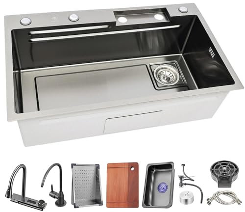 Fregadero De Cocina Moderno De Acero Inoxidable Con Grifo Con Indicador De Temperatura, Diseño En Cascada, Fregadero Multifuncional De Un Solo Recipiente, Con Grifo Extraíble, Juego Completo De Fregad