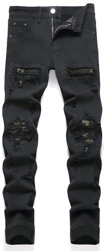OIIIO Men's Patch Ripped Stretch Regular Fit Jean, 6658 Black, 28