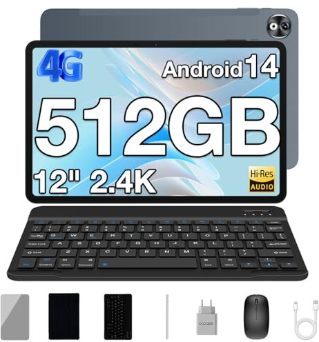 DOOGEE T40 Pro Tablet 12 Pulgadas, 10800mAh y Helio G99, Con Teclado y Lápiz, 20GB RAM + 512GB ROM (2TB TF), Android 14, Cámara 16MP+8MP, Dual 4G | Face ID | WiFi, Ratón, Funda