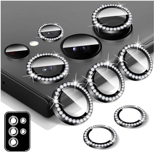 Kucheed Diamond Camera Lens Protector for Samsung Galaxy S22 Ultra, 9H Tempered Glass Back Camera Cover Screen Protector, Bling Anti-Scratch Individual Aluminum Metal Protective Ring