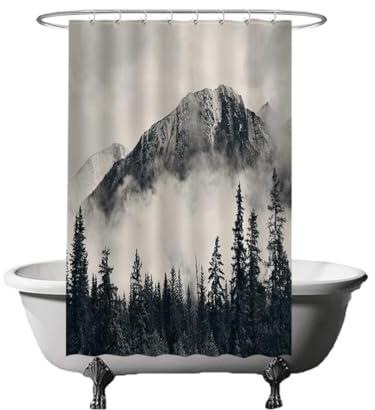 Ulticool Duschvorhang - Berge Natur Nebelwald - 120 x 180 cm – Waschbar – Anti Schimmel - Wasserdicht - mit 8 Ringe - Weiß Grau Schwarz
