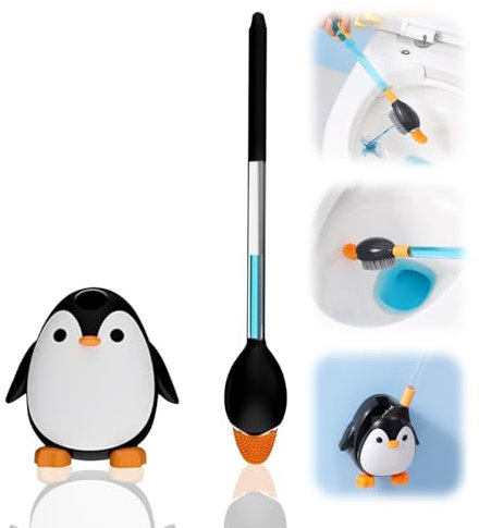 Klobürste Silikon, Toilettenbürste Pinguin Klobürste Silikon mit Flachem und Biegsamem Kopf Klobürste mit Randreiniger Toilettenbürste Silikon Klobürste Wandmontage mit Aufbewahrung (Schwarz)