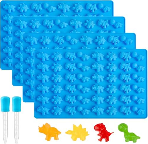 Socluer 4 Stück Mini Dinosaurier Formen, Gummibärchen Formen Selber Machen, Silikon Schokoladenform mit 2 Dropper, für Süßigkeits, Gelee, Eiswürfel