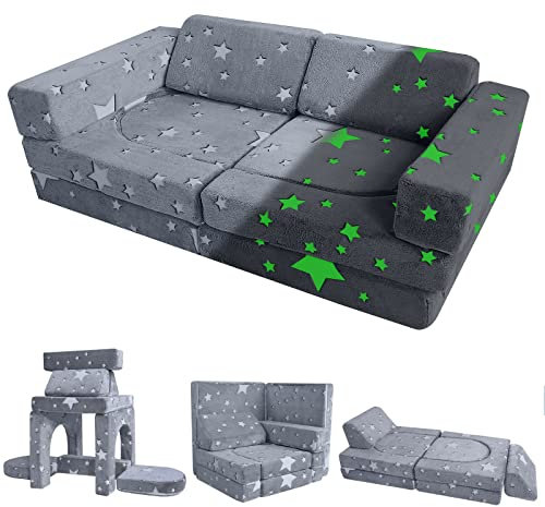 MeMoreCool Spielsofa Schlafsofa Kinder, Schaumstoff Soft Bausteine Couch, Fancy Spielsofa einen aufregenden Indoor-Spielplatz für das Kinderzimmer, Kuschelecke ideal für Kinder, Grau Stern