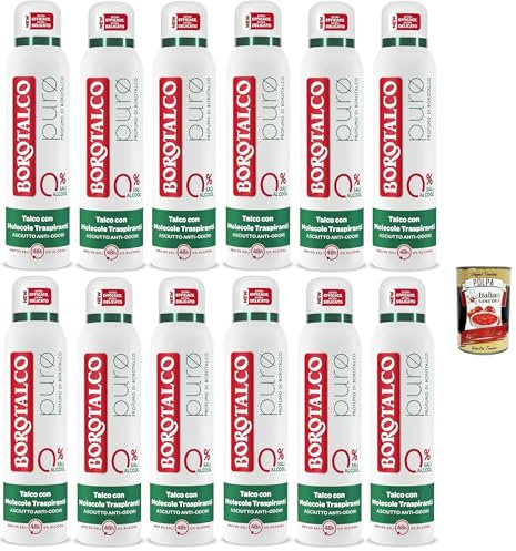 Borotalco, Deodorante Spray Puro, mit Talk mit atmungsaktiven Molekülen, Formel ohne Alkohol und Aluminiumsalze, trockene Anti-Podiums, 48 Stunden Wirksamkeit 12x 150ml + Italian Gourmet polpa 400g