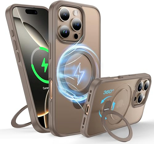 FNDMIL 360° Rotatable Magnetic Ring for iPhone 16 Pro Max Case with MagSafe | [Non-slip Edge][Built-in Kickstand][Military Shockproof] Translucent Matte Soft Silicone Bumper Slim,Desert Titanium