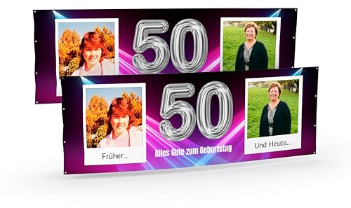 Banner selbst gestalten mit Foto und Text Lila I Geburtstagsbanner (50cm x 150cm) personalisiert für Männer und Frauen I Fahne selbst gestalten
