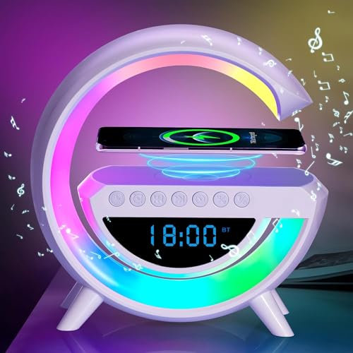 Lampes de Chevet avec Chargement Sans fil, Lampe LED intelligente 4 en 1, Chargeur de Téléphone sans fil, Haut-parleur Bluetooth, Réveil et Lampe d'ambiance