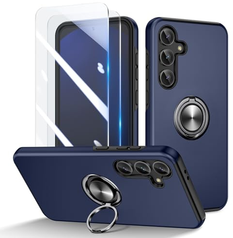 Doeshine Hülle für Samsung Galaxy S24 FE, Handyhülle für Samsung S24 FE mit 2 Stück Schutzfolie, Militärstandard Stoßdämpfende Schutzhülle, 360° Magnetischer Drehbarer Ständer, Blau