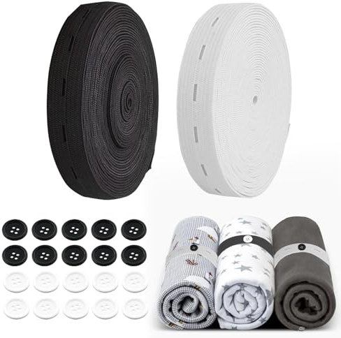 DONOONIS Gummiband zum Nähen, 2 Rollen Elastikband für Hosen, Hosen mit 20 Knöpfen zum Nähen von Kleidung, Hosen, DIY-Handwerk, 7 Meter pro Rolle, Weiß und Schwarz