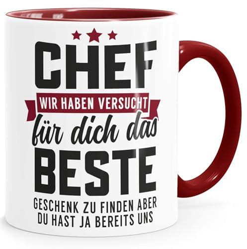 MoonWorks® Kaffee-Tasse Spruch Chef Wir haben versucht das beste Geschenk für dich zu finden Kaffeebecher lustig Bürotasse Weiss-innen-bordeauxrot standard