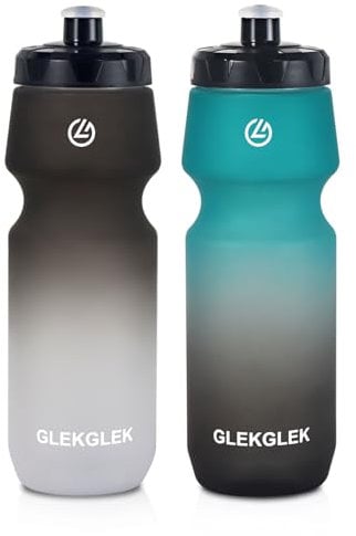 GLEKGLEK Squeeze Sports Water Bottle 750ml BPA Free, Leak Proof Drinks Bottle, Dishwasher Safe, for Exercise, Hiking, Cycling, Football (Black White/Green Black)