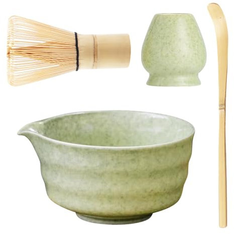 XPJBKC Matcha Set, Keramik Matcha Schale mit Ausgießer, 4 Stück Macha Tea Set aus Matcha Besen, Matcha Löffel, Matcha Bowl, Matcha Schaufelhalter, Matcha Starter Set Geschenk für Teezeremonie