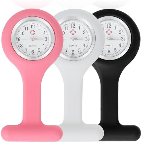 EuAcesry Montre Infirmiere pour Blouse, 3 Pièces Infirmière Montre Broche en Silicone avec Broche Sécurisée, Montres Trotteuse à Gousset pour Aides Soignantes et Étudiants Infirmiers, Blanc/Noir/Rose