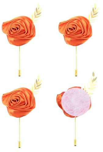 QUARKZMAN 4 Stück Orange Rose Ansteckblumen Knopflöcher Taschenanstecker Pins für Hochzeitszeremonie Jubiläum Abschlussball Formelles Abendessen Party (4,7 x 2 Zoll)