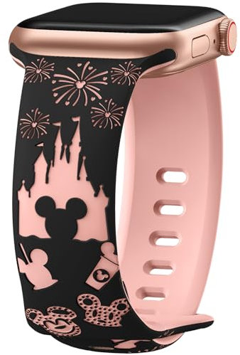 Cartoon Engraved Strap Compatible with Apple Watch Straps 40mm 38mm 44mm 45mm 41mm 42mm 49mm Women, Two-Tone Cute Soft Silicone Sport Strap for iWatch Series 10/9/8/SE/7/6/5/4/3/2/1